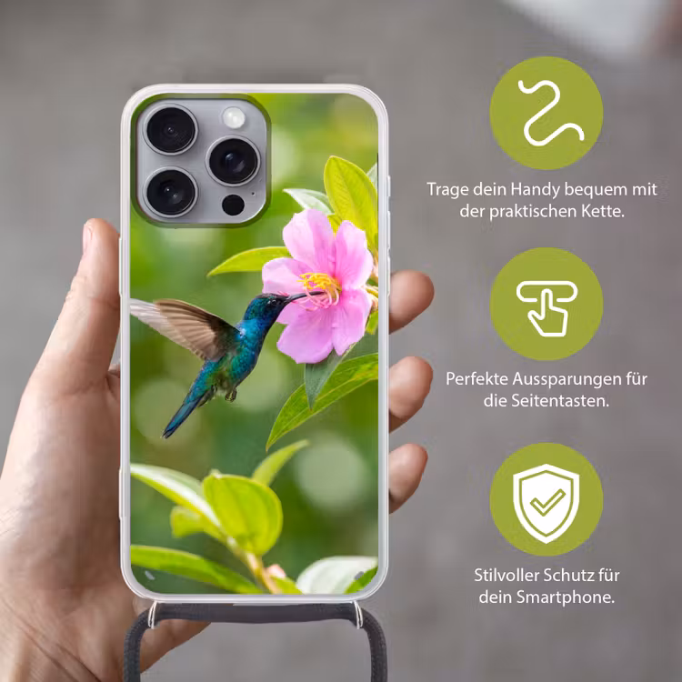 Kolibrie - Bloem - Natuur - Groen Hoesje iPhone 16 Pro Max met koord klein -sfeer2_DE