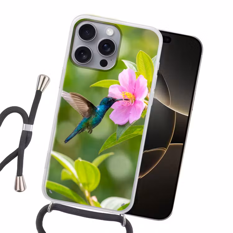 Kolibrie - Bloem - Natuur - Groen Hoesje iPhone 16 Pro Max met koord klein -sfeer1