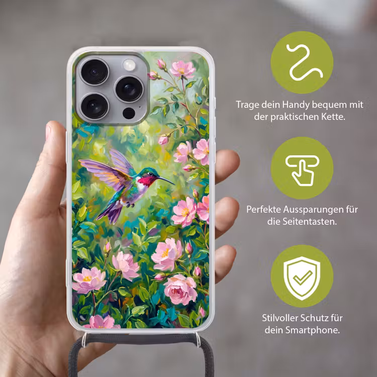 Kolibrie - Bloemen - Natuur - Kleurrijk Hoesje iPhone 16 Pro Max met koord klein -sfeer2_DE