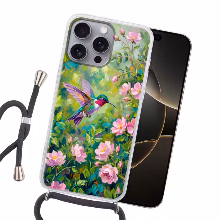Kolibrie - Bloemen - Natuur - Kleurrijk Hoesje iPhone 16 Pro Max met koord klein -sfeer1