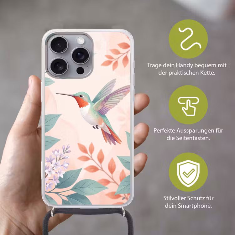 Kolibrie - Vliegen - Natuur - Illustratie - Kleurrijk Hoesje iPhone 16 Pro Max met koord klein -sfeer2_DE