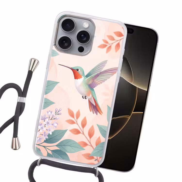 Kolibrie - Vliegen - Natuur - Illustratie - Kleurrijk Hoesje iPhone 16 Pro Max met koord klein -sfeer1