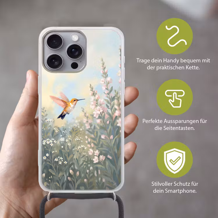 Kolibrie - Illustratie - Kleurrijk Hoesje iPhone 16 Pro Max met koord klein -sfeer2_DE