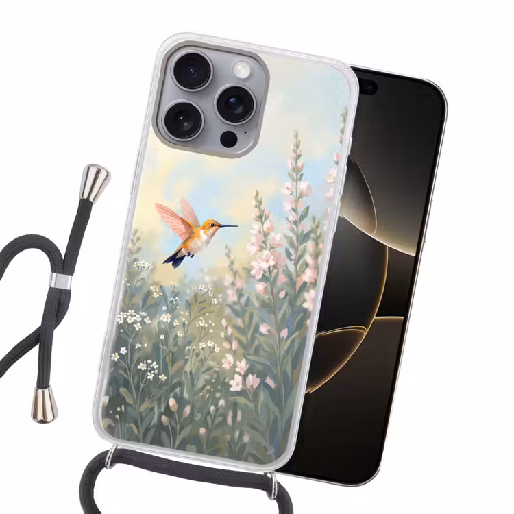 Kolibrie - Illustratie - Kleurrijk Hoesje iPhone 16 Pro Max met koord klein -sfeer1