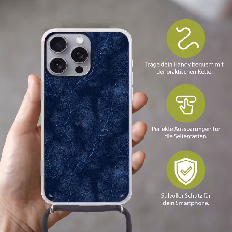 Koraal - Takken - Patroon - Nachtblauw Hoesje iPhone 16 Pro Max met koord klein 804 -sfeer2_DE