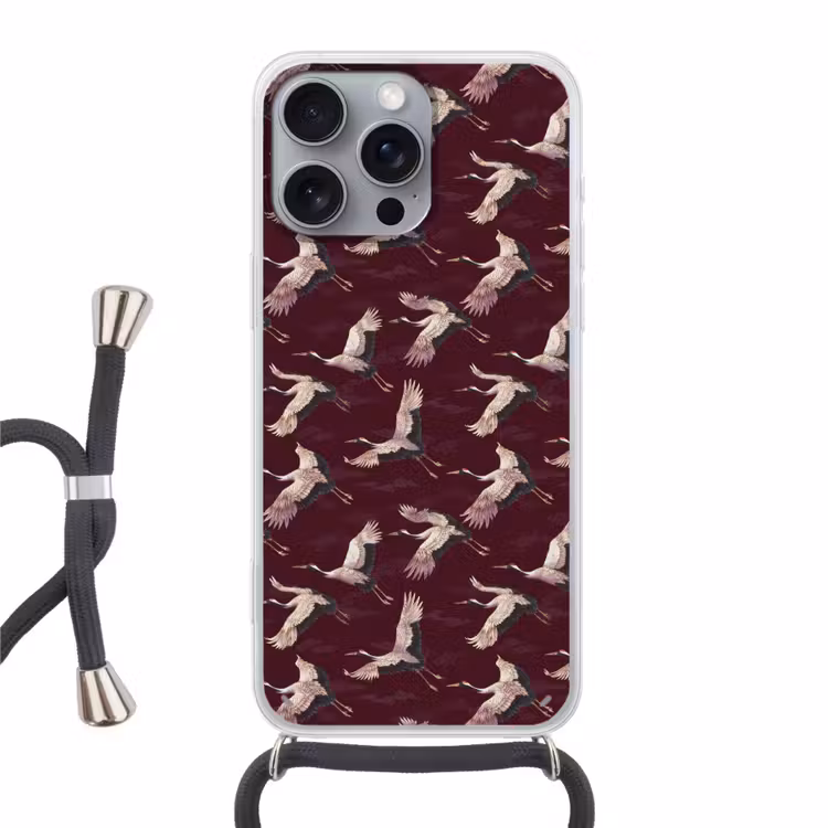 Kraanvogels - Klassiek - Bordeaux Hoesje iPhone 16 Pro Max met koord klein 804 -3d