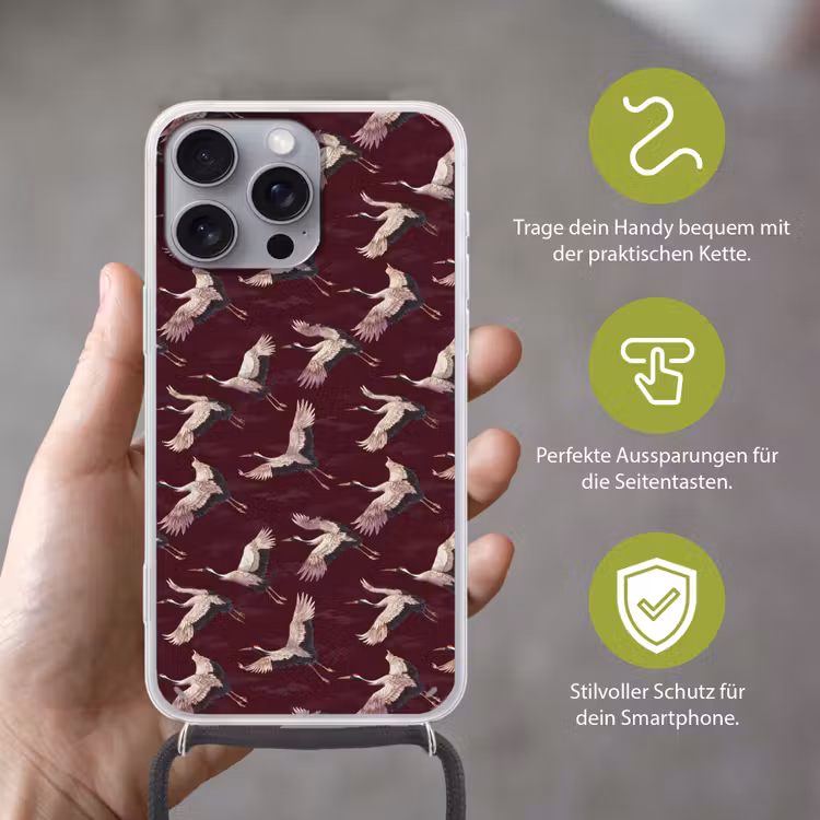 Kraanvogels - Klassiek - Bordeaux Hoesje iPhone 16 Pro Max met koord klein 804 -sfeer2_DE