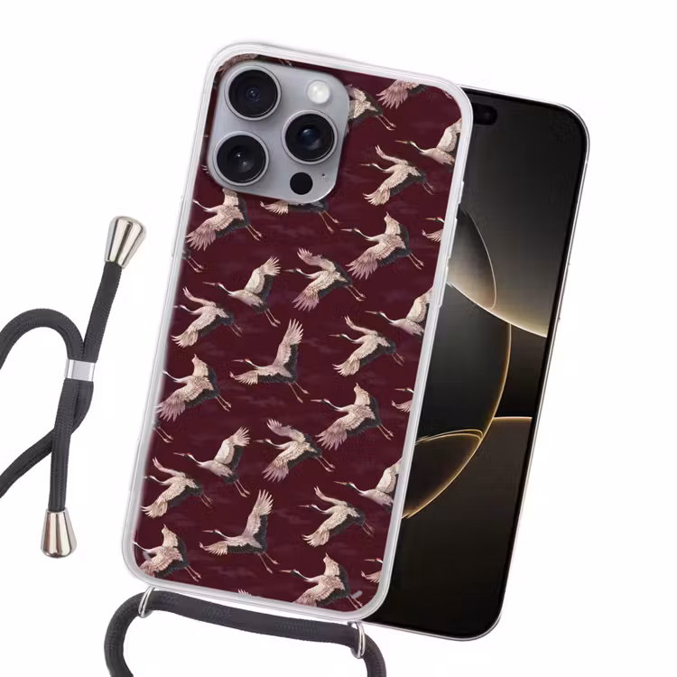 Kraanvogels - Klassiek - Bordeaux Hoesje iPhone 16 Pro Max met koord klein 804 -sfeer1
