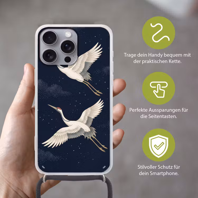 Kraanvogels - Nachthemel - Blauw Hoesje iPhone 16 Pro Max met koord klein -sfeer2_DE