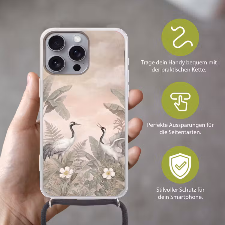 Kraanvogels - Natuur - Roze Hoesje iPhone 16 Pro Max met koord klein -sfeer2_DE
