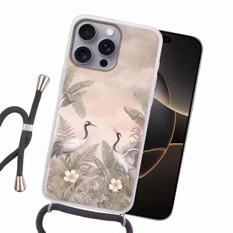 Kraanvogels - Natuur - Roze Hoesje iPhone 16 Pro Max met koord klein -sfeer1