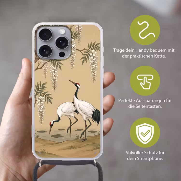 Kraanvogels - Water - Beige Hoesje iPhone 16 Pro Max met koord klein -sfeer2_DE