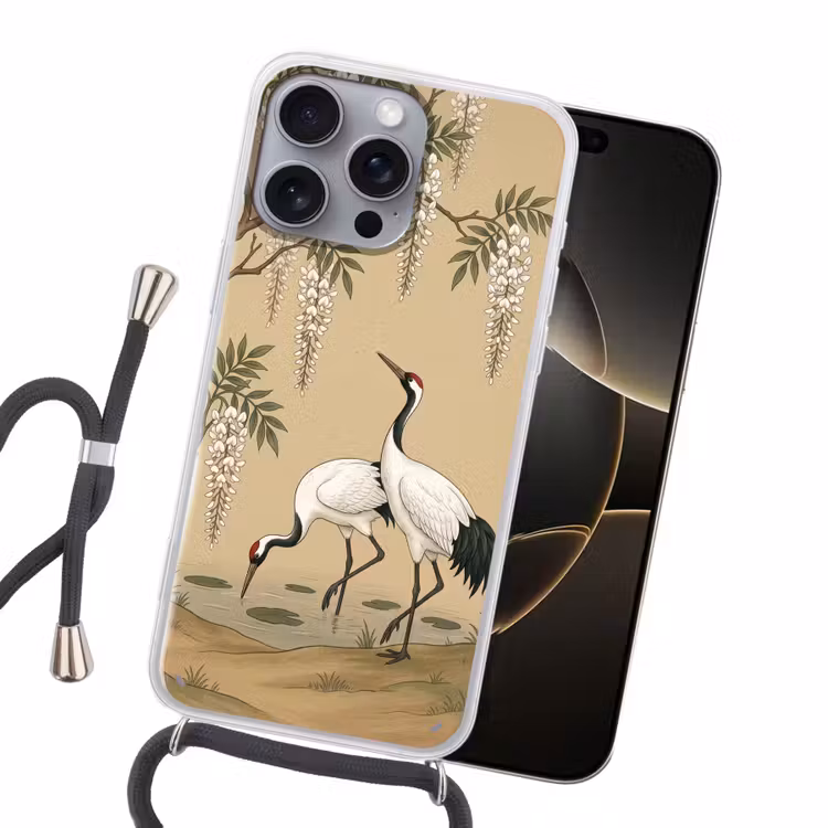 Kraanvogels - Water - Beige Hoesje iPhone 16 Pro Max met koord klein -sfeer1