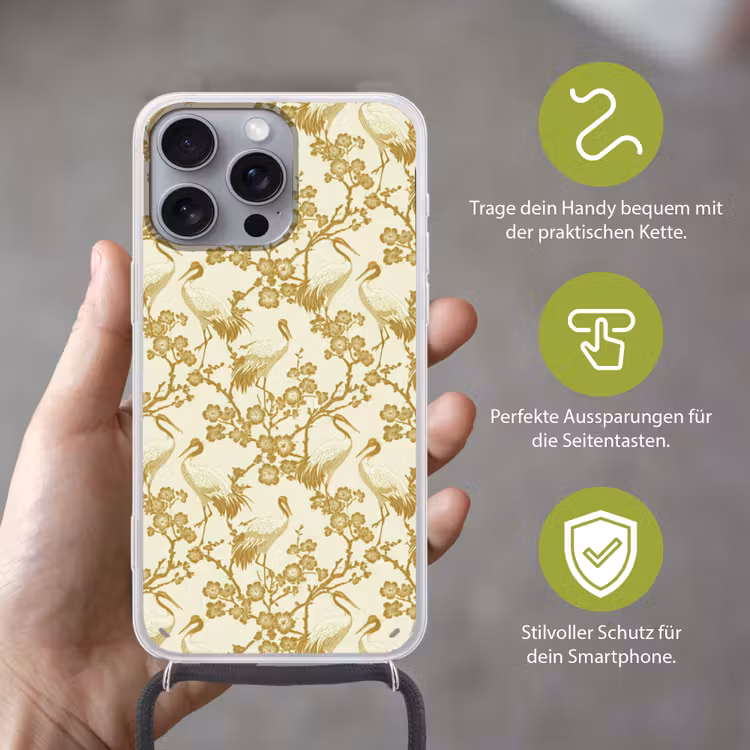 Kraanvogels - Kersenbloesem - Goud Hoesje iPhone 16 Pro Max met koord klein 804 -sfeer2_DE