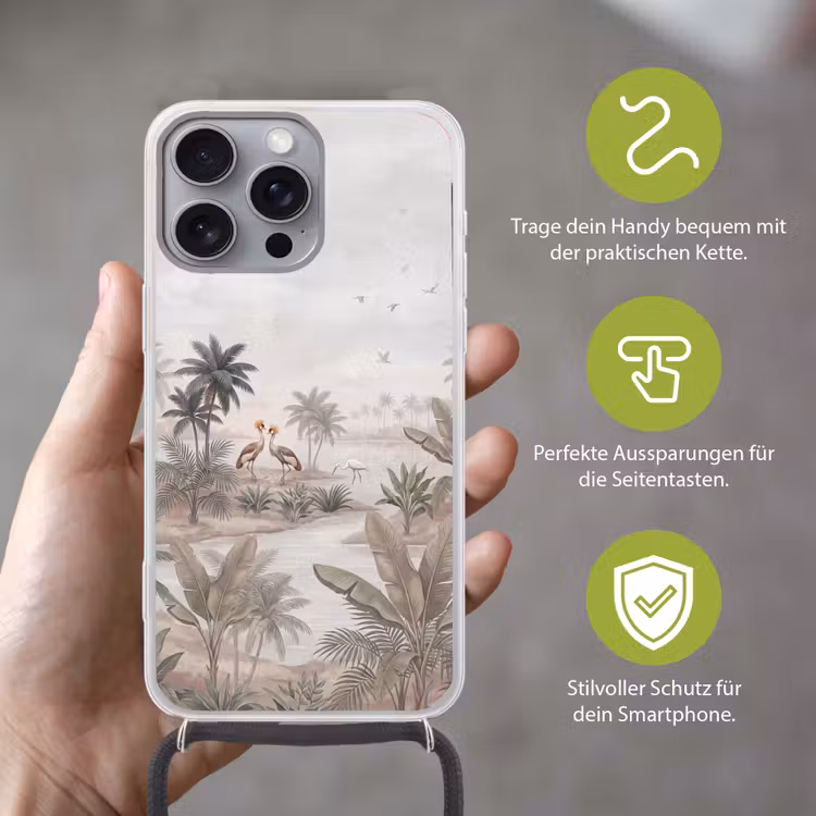 Kraanvogels - Palmbomen - Tropisch Hoesje iPhone 16 Pro Max met koord klein -sfeer2_DE