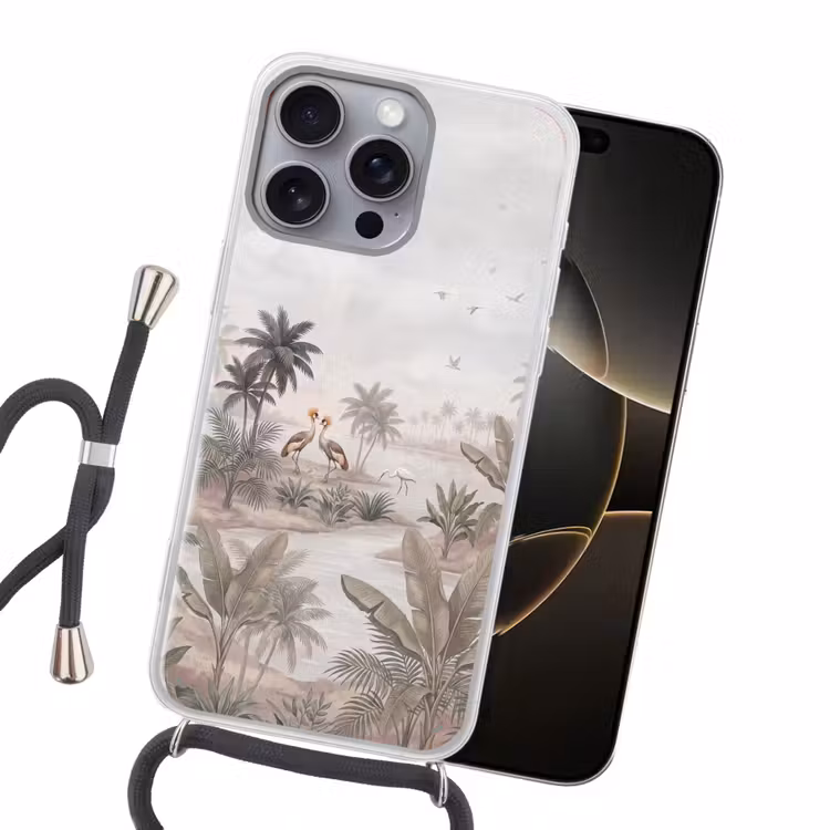 Kraanvogels - Palmbomen - Tropisch Hoesje iPhone 16 Pro Max met koord klein -sfeer1