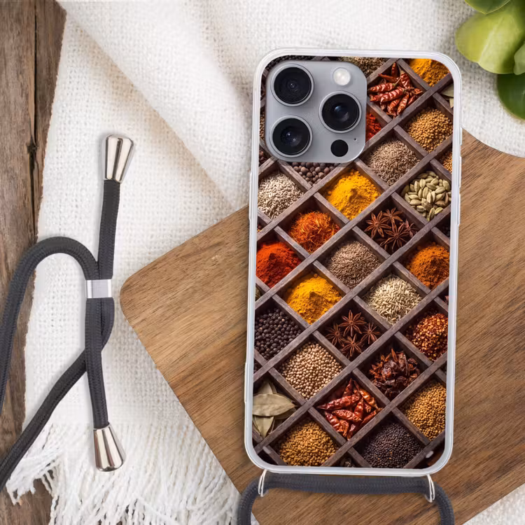 Handyhülle mit Band - Kräuter – Holz – Essen - Kruiden - Houten - Eten Hoesje iPhone 16 Pro Max met koord klein