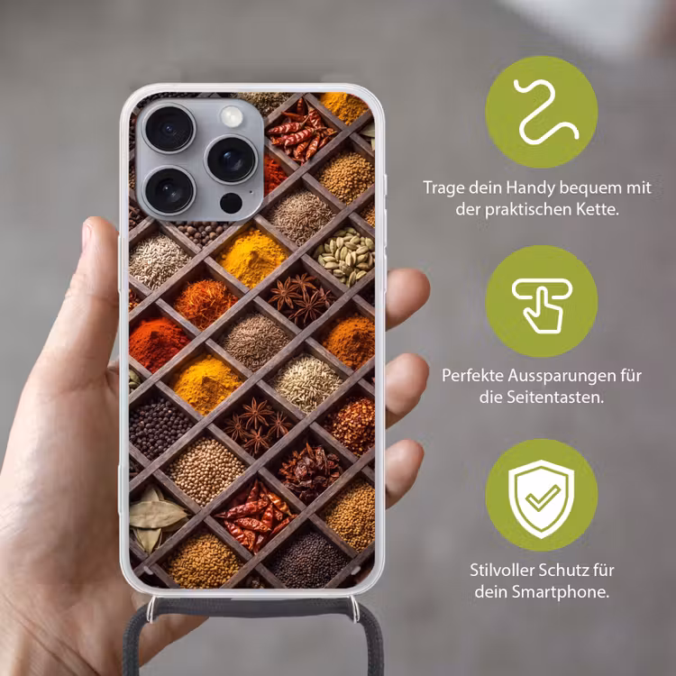Handyhülle mit Band - Kräuter – Holz – Essen - Kruiden - Houten - Eten Hoesje iPhone 16 Pro Max met koord klein