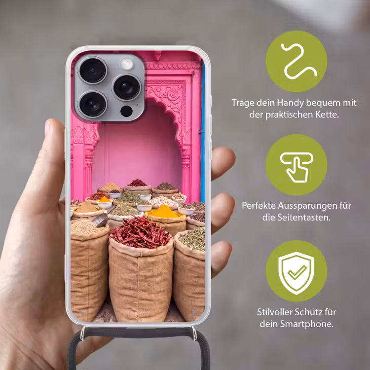 Handyhülle mit Band - Kräuter – Markt – Rosa - Kruiden - Markt - Roze Hoesje iPhone 16 Pro Max met koord klein