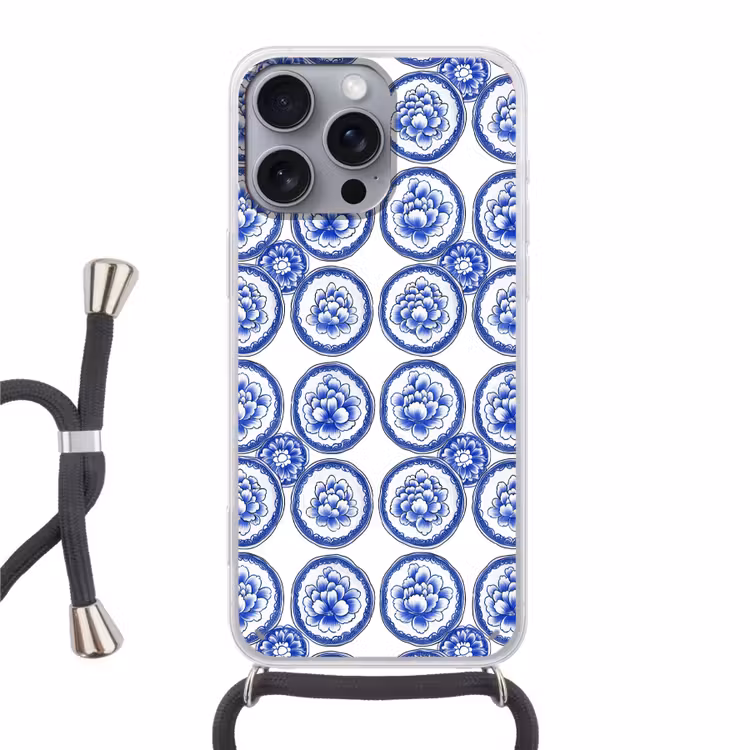 Cirkels - Bloemen - Blauw Hoesje iPhone 16 Pro Max met koord klein 804 -3d