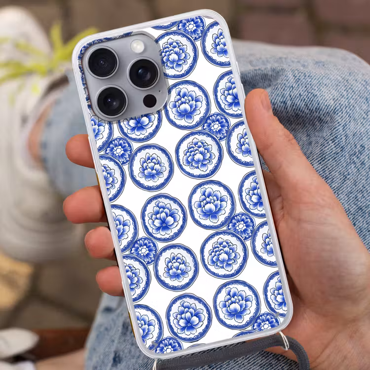 Cirkels - Bloemen - Blauw Hoesje iPhone 16 Pro Max met koord klein 804 -sfeer3