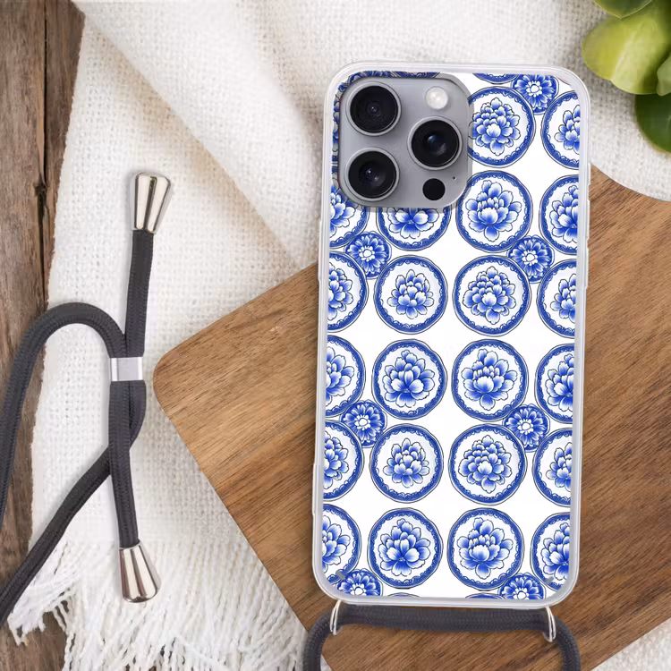 Cirkels - Bloemen - Blauw Hoesje iPhone 16 Pro Max met koord klein 804 -sfeer4
