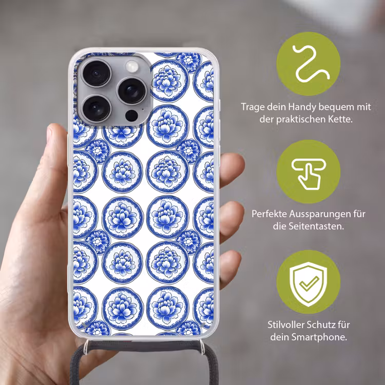 Cirkels - Bloemen - Blauw Hoesje iPhone 16 Pro Max met koord klein 804 -sfeer2_DE