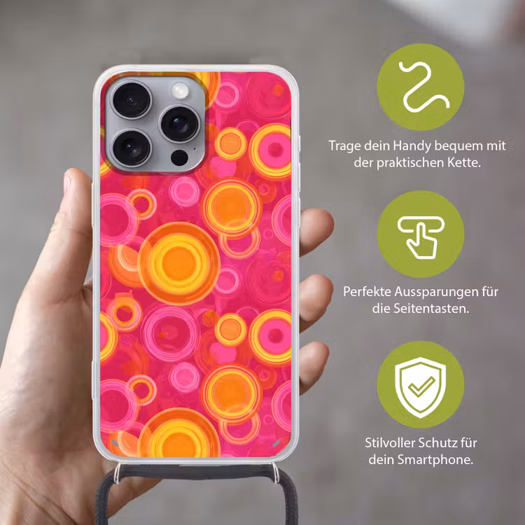 Cirkels - Design - Kleurrijk Hoesje iPhone 16 Pro Max met koord klein 804 -sfeer2_DE
