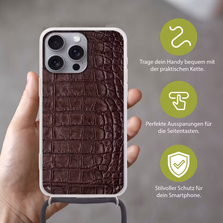 Krokodil - Leer - Bruin Hoesje iPhone 16 Pro Max met koord klein -sfeer2_DE