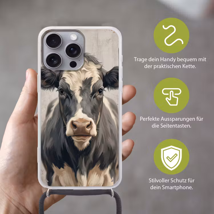 Koe - Portret - Dieren - Modern Hoesje iPhone 16 Pro Max met koord klein -sfeer2_DE
