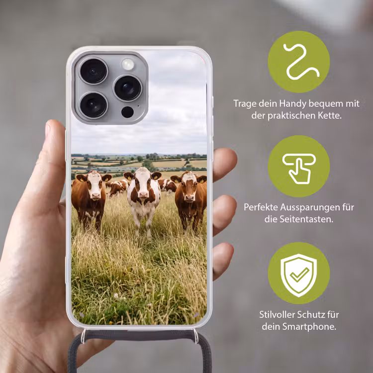 Koeien - Portret - Weide - Boerderij - Nieuwsgierig Hoesje iPhone 16 Pro Max met koord klein -sfeer2_DE