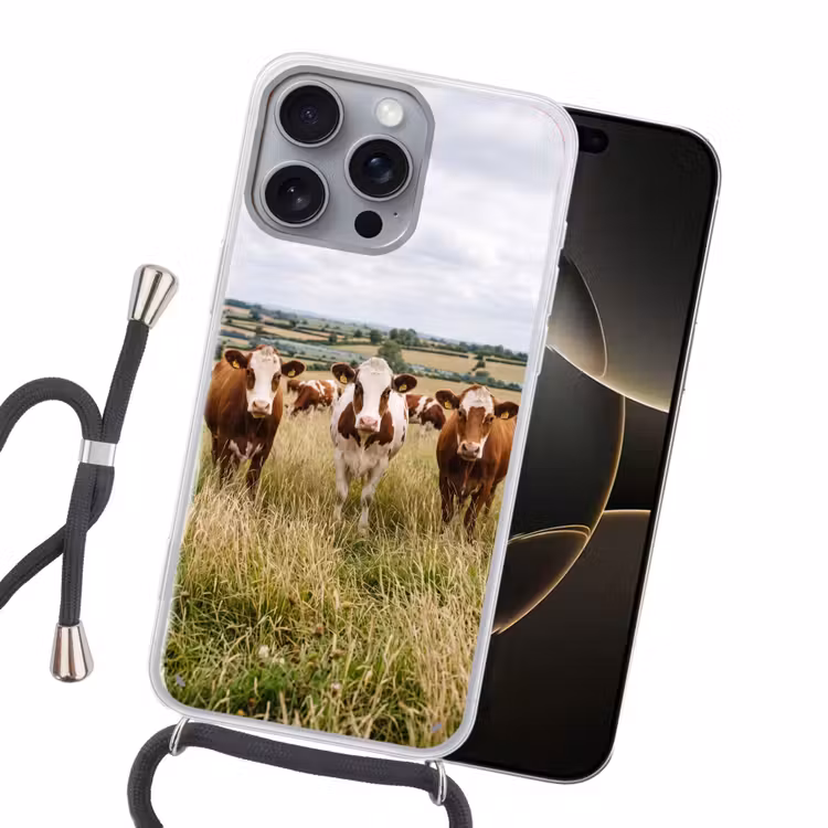 Koeien - Portret - Weide - Boerderij - Nieuwsgierig Hoesje iPhone 16 Pro Max met koord klein -sfeer1