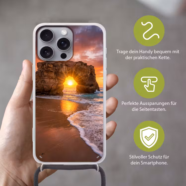 Kust - Rots - Zonsondergang - Zee - Natuur Hoesje iPhone 16 Pro Max met koord klein -sfeer2_DE