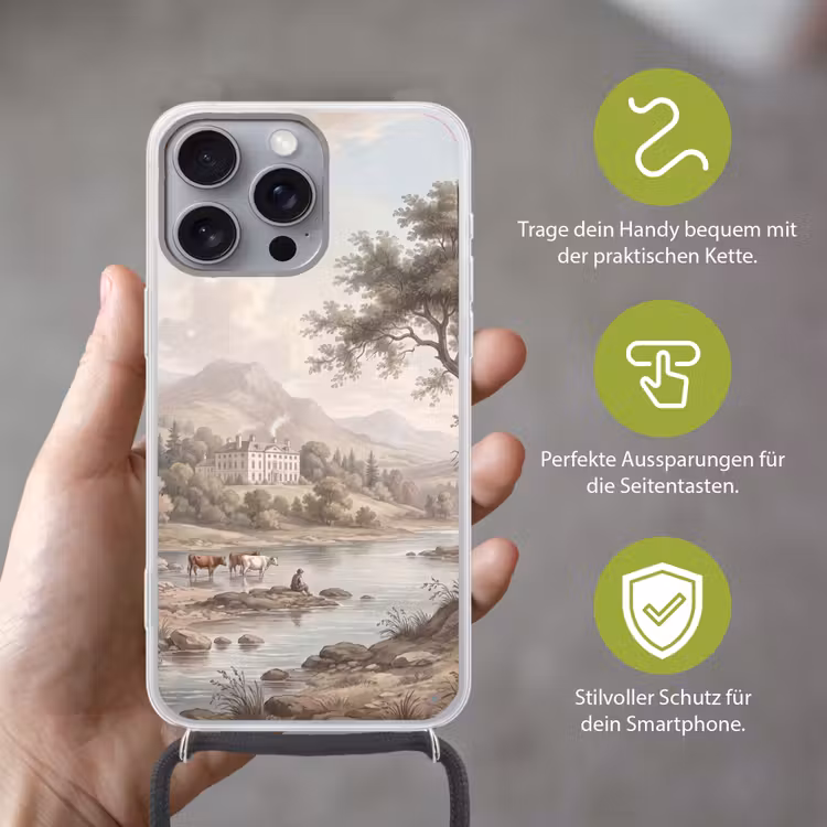 Landhuis - Rivier - Vee Hoesje iPhone 16 Pro Max met koord klein -sfeer2_DE