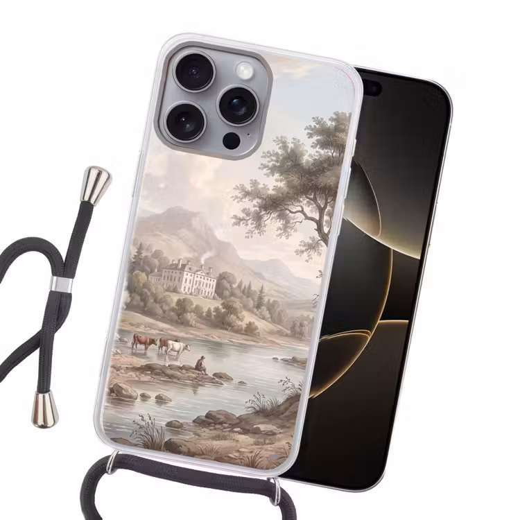 Landhuis - Rivier - Vee Hoesje iPhone 16 Pro Max met koord klein -sfeer1