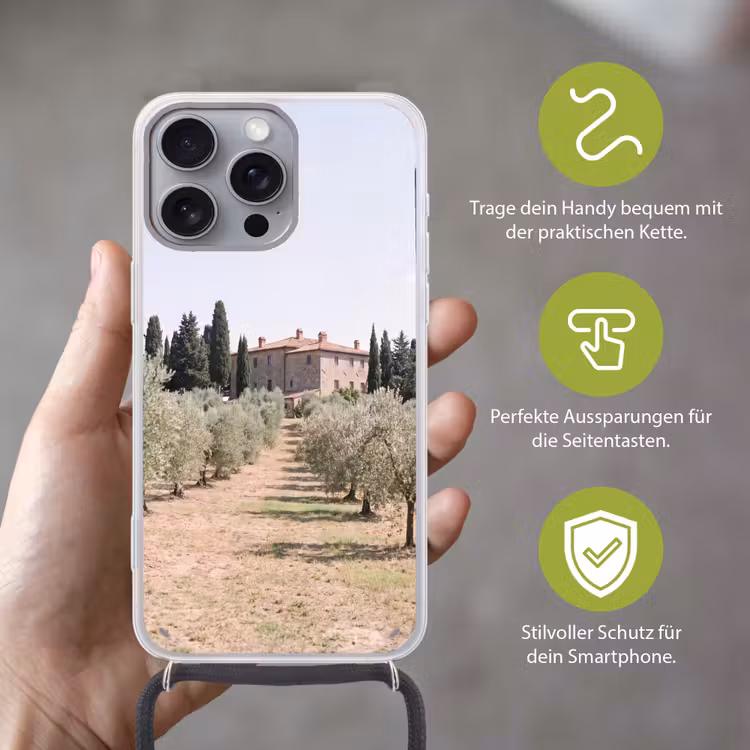 Handyhülle mit Band - Landhaus – Olivenbaum – Obstgarten - Landhuis - olijfboom - gaard Hoesje iPhone 16 Pro Max met koord klein