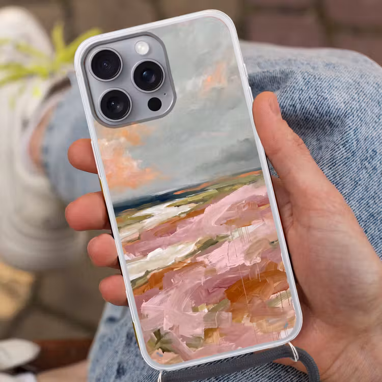 Landschap - Rivier - Abstract - Roze - Groen Hoesje iPhone 16 Pro Max met koord klein -sfeer3
