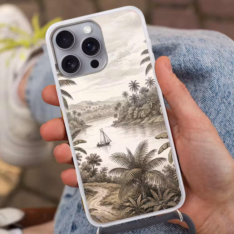 Landschap - Rivier - Boot - Tropisch - Vintage Hoesje iPhone 16 Pro Max met koord klein -sfeer3