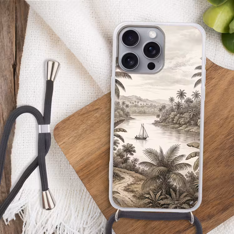 Landschap - Rivier - Boot - Tropisch - Vintage Hoesje iPhone 16 Pro Max met koord klein -sfeer4