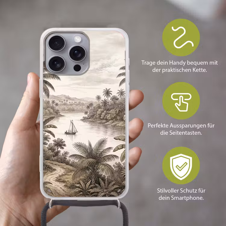Landschap - Rivier - Boot - Tropisch - Vintage Hoesje iPhone 16 Pro Max met koord klein -sfeer2_DE