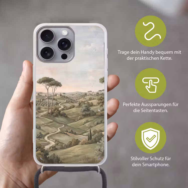 Landschap - Heuvels - Zandpad - Groen Hoesje iPhone 16 Pro Max met koord klein -sfeer2_DE