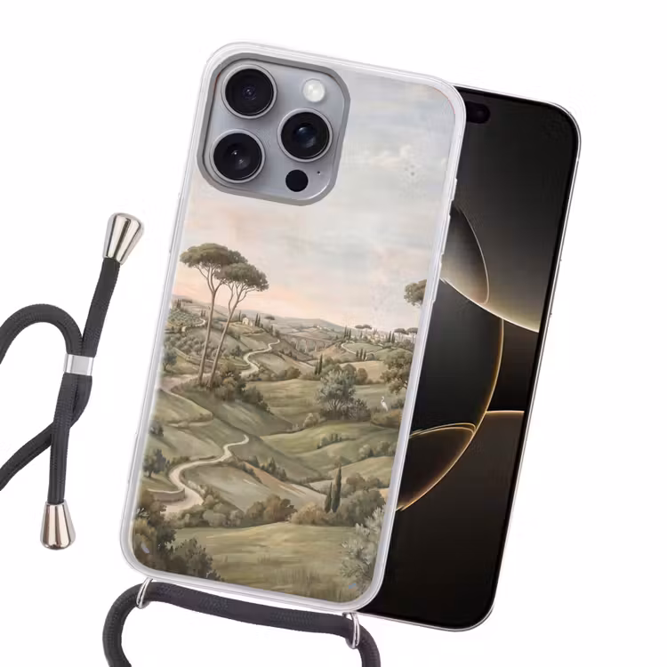 Landschap - Heuvels - Zandpad - Groen Hoesje iPhone 16 Pro Max met koord klein -sfeer1