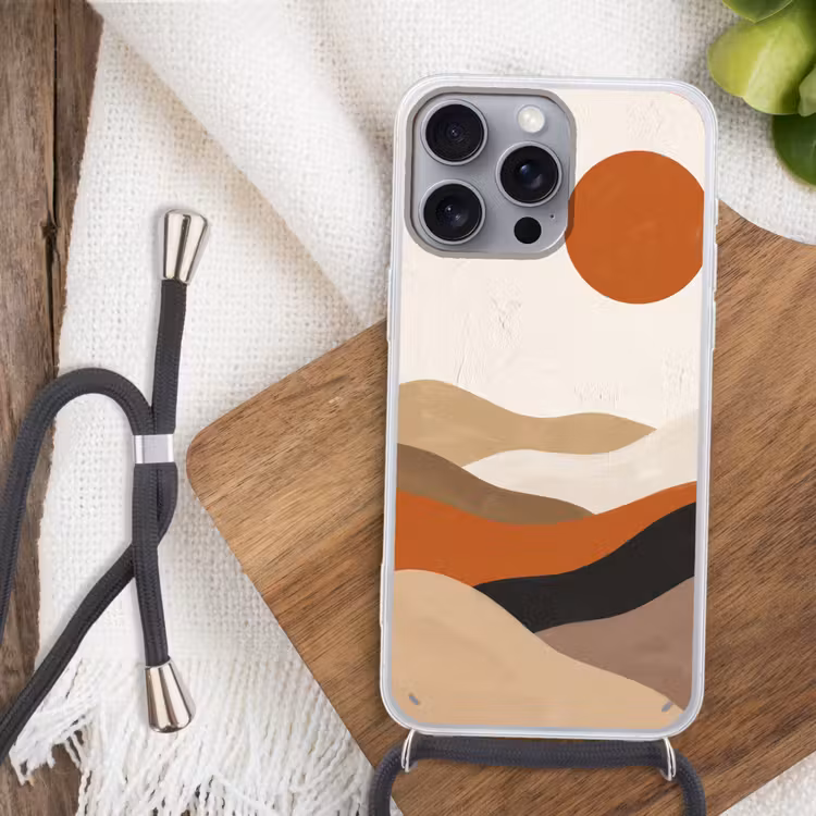 Landschap - Heuvels - Zon - Abstract - Oranje Hoesje iPhone 16 Pro Max met koord klein -sfeer4