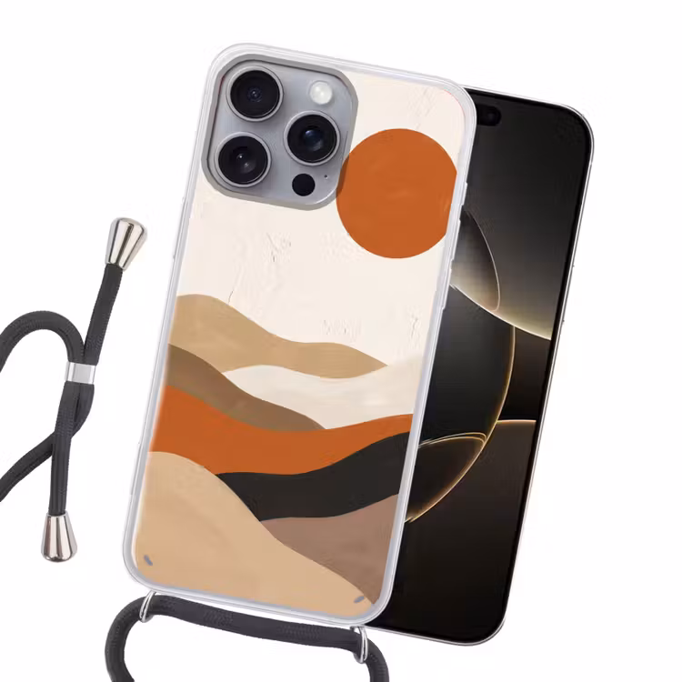 Landschap - Heuvels - Zon - Abstract - Oranje Hoesje iPhone 16 Pro Max met koord klein -sfeer1