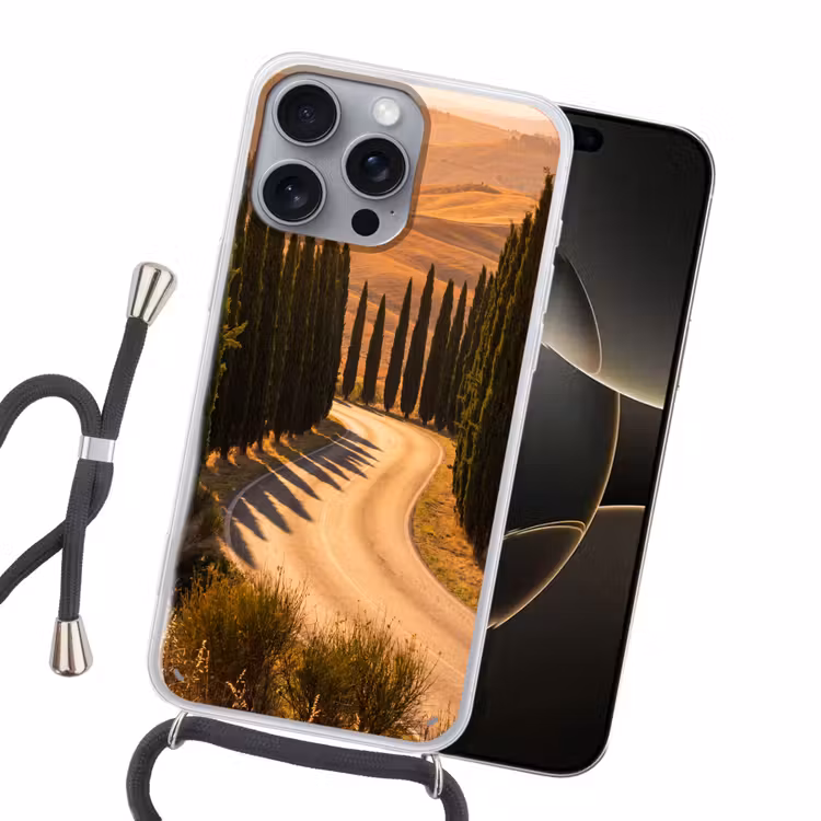 Landschap - Weg - Bomen - Natuur - Goud Hoesje iPhone 16 Pro Max met koord klein -sfeer1