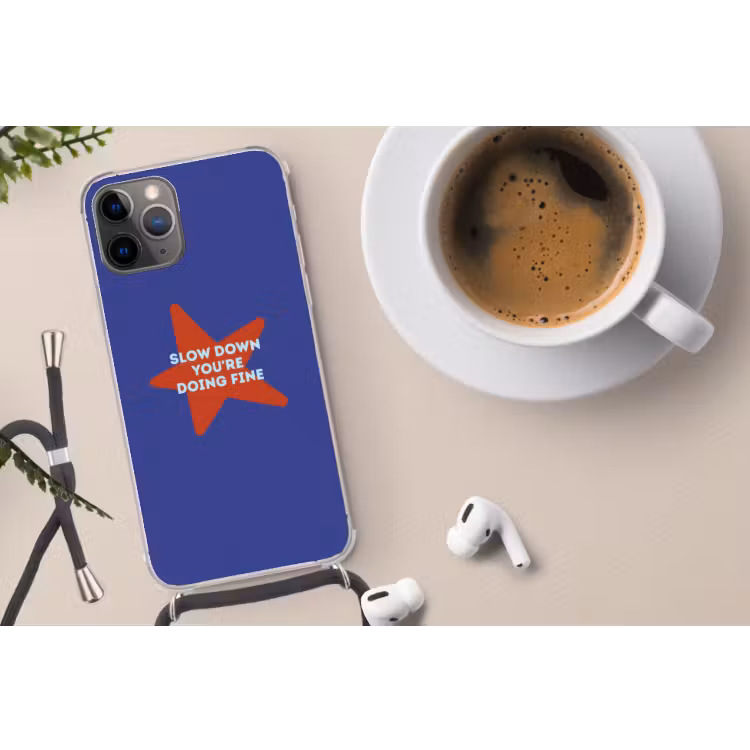 Slow down you're doing fine - Ster - Blauw Hoesje iPhone 12 Pro met koord klein -oordop