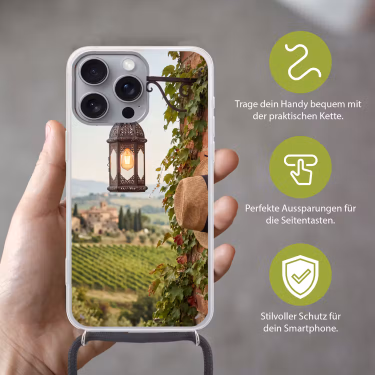 Lantaarn - Wijngaard - Landschap - Italiaans Hoesje iPhone 16 Pro Max met koord klein -sfeer2_DE
