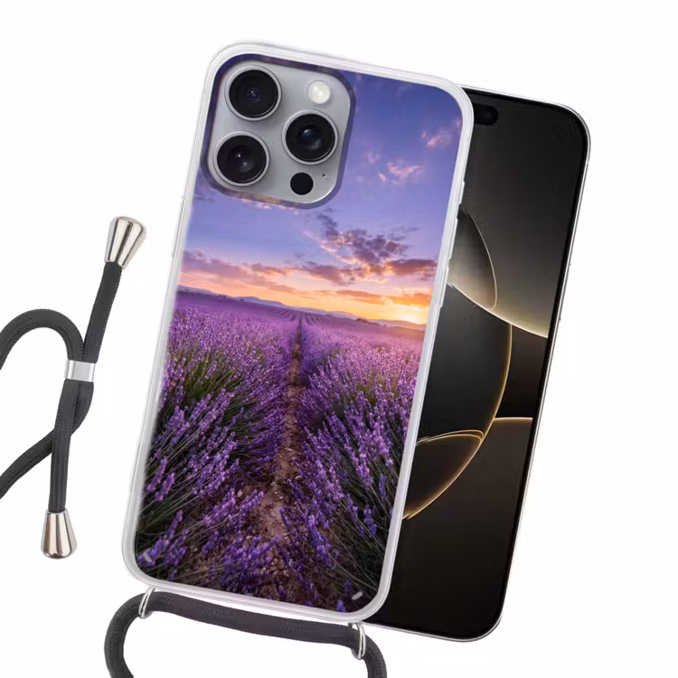 Lavendel - Veld - Natuur - Paars Hoesje iPhone 16 Pro Max met koord klein -sfeer1