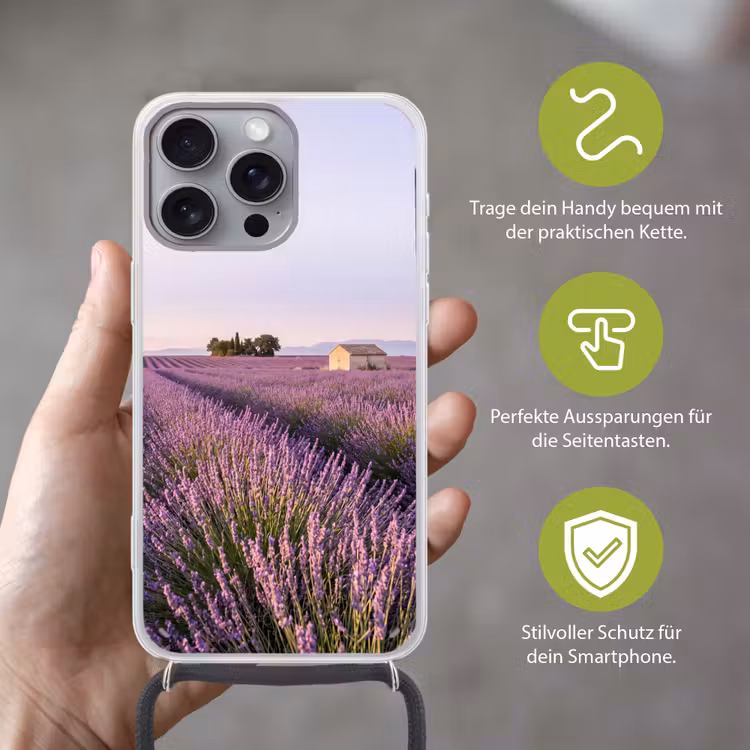 Lavendel - Landschap - Sereen - Paars Hoesje iPhone 16 Pro Max met koord klein -sfeer2_DE