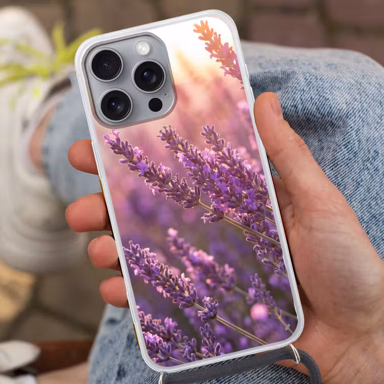 Lavendel - Paars - Zonlicht Hoesje iPhone 16 Pro Max met koord klein -sfeer3